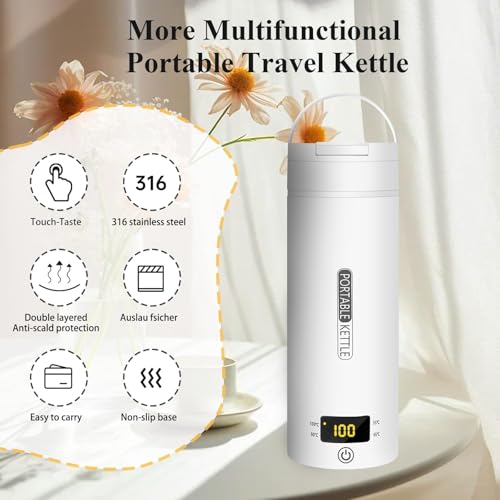 KOWVOWZ Portable Electric Kettle, Travel Water Boiler with 4 Variable Presets, 304 Stainless Steel Travel Water Boiler, Auto Shut Off & Boil Dry Protection, BPA-Free for Coffee Milk Tea (500ML)