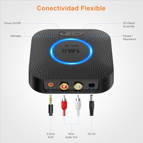 1Mii B06 Plus Receptor Bluetooth Audio, Adaptador de Inalámbrico Bluetooth 5.3, AUX de 3.5mm Jack y 2 RCA para Estéreo y Amplificador, 30m Largo Alcance, aptX HD, Sonido 3D Surround