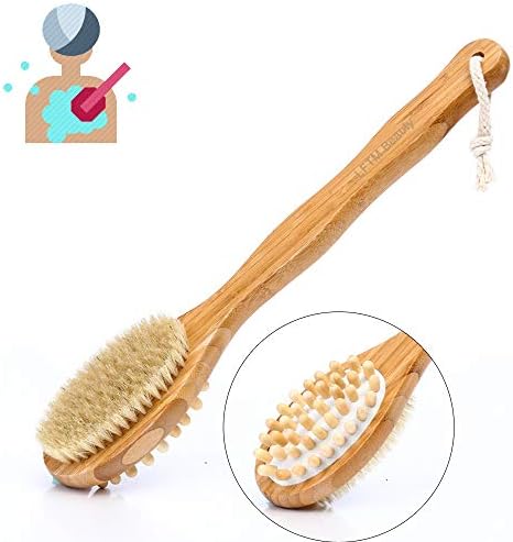 Dry Body Brush Natural Bristles -15.7 In Long Handle Double Sided Bath Brush for Remove Dead Skin And Toxins, Improves Lymphatic Functions, Exfoliates, Stimulates Blood Circulation