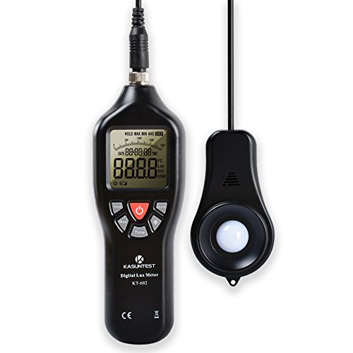 KASUNTEST Digital Lux Meter Photometer-Auto Ranging Light Meter 0.1 to 200000 Lux w/Max Min Avg,Hold,Backlight,Time and Units Function