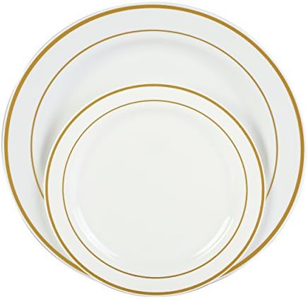 Premium Disposable Plastic Plates 120 Pack (60 x 10.5” Dinner + 60 x 7.5” Salad/Desert) Ivory with Gold Rim by Finest Cutlery for Weddings, Parties, and Special Occasions.