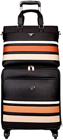 AOYOU PU Leather Spinner Travel Suitcase Set With Stripe - Black Vertical 24"