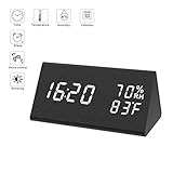 Micarsky Digital Alarm Clock, Wooden Led Alarm Clock with Triple Alarms Setting, 3 Levels Brightness, Dual Power, Dual Time (12/24) Mode, Voice Control, Temperature and Humidity LED Digital Displaying