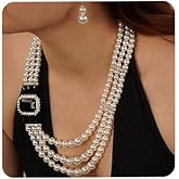 Aimimier 1920s 3-strand White Faux Pearl Necklace and Earrings Set Black Crystal and Rhinestone Bridal Pearl Necklace Women Trendy Fashion Jewelry