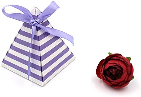 100pieces Pyramid Candy Boxes with Ribbon Wedding Favor Stripe Box (Purple)