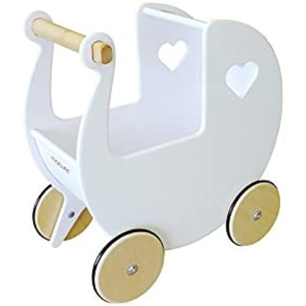 Moover Classic Doll's Pram for Toddlers, Fully Assembled, Designed in Denmark from Russian Birch Plywood, Push Along Toy, 18 Months+, 44 x 43 x 24 cm, White and Natural Wood