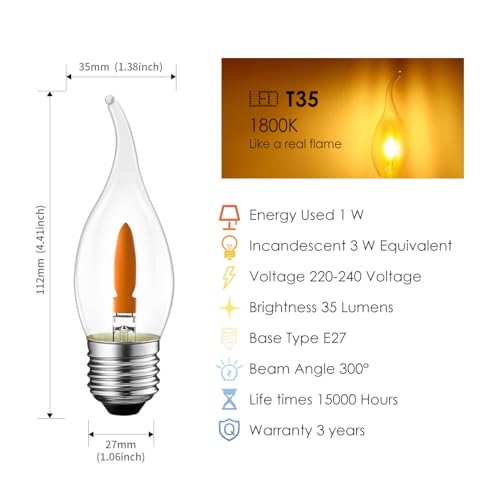 LVWIT LED Flame Bulb, Retro Flickering Flame Bulb E27, Warm Light 1800K, Orange Filament Bulb 35 Lumens, Ideal for Daily Christmas and Party Decoration (6U, 2 Modes)