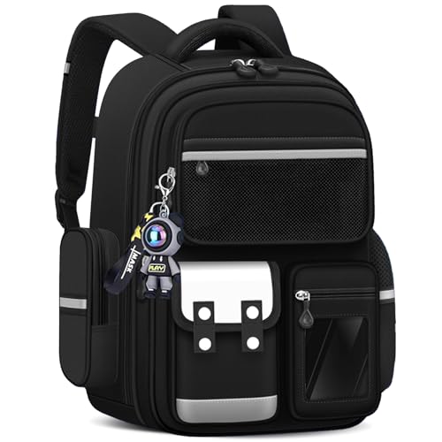 Amythe CE2 CM1 CM2 Boys' Primary School Bag, Multi-Compartment Primary School Bag with Reflective Strips for Boys 8-12 Years, Black, Classic | Children's Backpack CE2 CM1 CM2, Multi-Compartment Lightweight School Bag for Boys 8-12 Years, Back to School