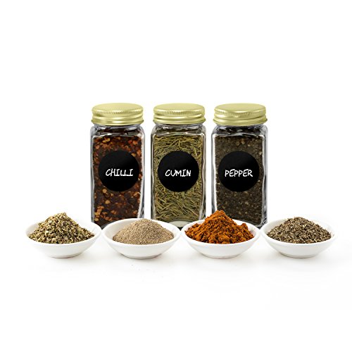 Nellam French Square Glass Spice Jars – Set of 24 with Shaker Lids and Chalkboard Sticker Labels, Small 4oz Bottles - Stackable Herbs and Spices Containers - Decorative Organizers in Gold
