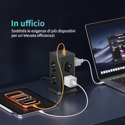 2 M Power Strip with 8 Universal Sockets 10/16A ITA and Schuko and 3 USB A+1 USB C Overvoltage Protection with 1 Switches for Office, Home, 3680 W Electrical Extension Socket, Black | 8 10A/16A AC Prese Multipla, Protezione Sovratensione Prolunga Elettrica,1 Interruttori Torretta Scarpetta Verticale 3680W