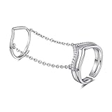 S&E Women's Sterling Silver Crystal Finger Ring,Double Rings with Chains Opening Knuckle Nail Rings