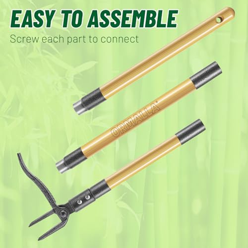 ORMALLA Weed Puller, 43.7in Long Handle Weed Remover, Dandelion Removal Tool, Natural Bamboo Handle and 4 Claws, Stand Up Garden Weed Root Remover, Pet Friendly (43.7in)