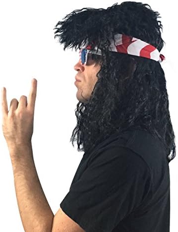 WIG, BANDANA, &amp; SUNGLASSES - 80's Rock Star Heavy Metal Musician Costume Set (4 pc.) (USA Sunglasses &amp; USA Bandana)