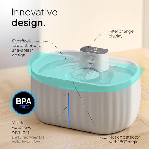 Pretty Paw Wireless Cat Fountain with Motion Sensor - Drinking Fountain for Cats with 45 Days Battery - Water Fountain for Cats with Filter and 3 Litre Water Tank - Aqua Sense (Grey)