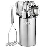 Stainless Steel Kitchen Utensil Set - 10 piece premium Non-Stick & Heat Resistant Kitchen Gadgets, Turner, Spaghetti Server, Ladle, Serving Spoons, Whisk, Tungs, Potato Masher and Utensil Holder