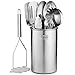 Stainless Steel Kitchen Utensil Set - 10 piece premium Non-Stick & Heat Resistant Kitchen Gadgets, Turner, Spaghetti Server, Ladle, Serving Spoons, Whisk, Tungs, Potato Masher and Utensil Holder