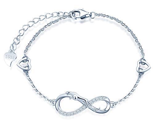 MicLee Woman's girl's Bracelet, 925 Sterling Silver bracelet, Leopard and infinity symbol bracelet, with mini hollow heart, Inlaid zircon, adjustable chain, design of animal bracelet