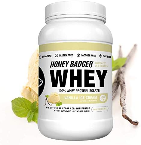 Honey Badger Natural Keto 100% Whey Protein Isolate (BCAA, Amino Acids, Digestive Enzymes, Grass-Fed, Hormone Free, Post Workout, Recovery, Naturally Flavored, Vanilla Ice Cream, 2 Lbs, Non-GMO)