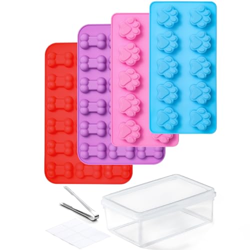 4 Pack Silicone Dog Treat Molds with Container and Ice Tong, Non-stick Puppy Paw and Bone Shaped Set with Bin, Silicone Mold for Pupsicle, Chocolate, Gummy, Candy, Baking, Jelly, Ice Cube, Pudding