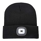 AONAN USB Rechargeable LED Beanie Cap, Lighting and Flashing Alarm Modes Ultra Bright 4 LED Hands Free Flashlight Unisex Winter Warmer Knit Cap Hat (Black)