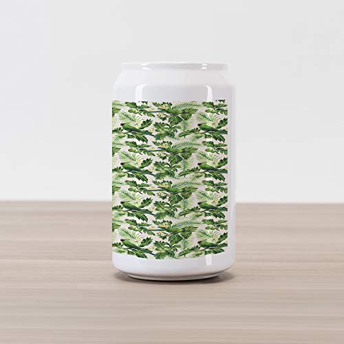 Lunarable Green Cola Can Shape Piggy Bank, Exotic Tropic Pattern with Palm Leaves Breadfruits Plumeria Flowers and Parrots, Ceramic Cola Shaped Coin Box Money Bank for Cash Saving, Lime Green Cream