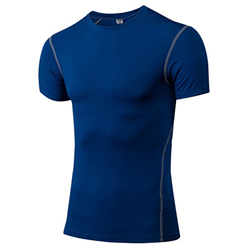 Panegy Mens Compression Short Sleeve T Shirts Crew Neck Athletic Top Fitness Yoga Shirts Blue Tag XL/US M