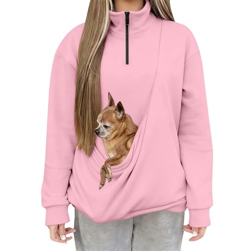 JOASDAO Half Zip Pet Pouch Sweatshirts Women Autumn Winter Long Sleeve Quarter Zip Warm Cosy Lightweight Fleece Jumper Cute Cat Dog Puppy Holder Sweater Pullover Tops Sky Blue