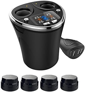 Wireless 5-in-1 Tyres Pressure Monitor System (TPMS) including Tyres Pressure Temperature Monitor System Car Charger Power Splitter and Car Storage Battery Voltage monitor 4 External sensors