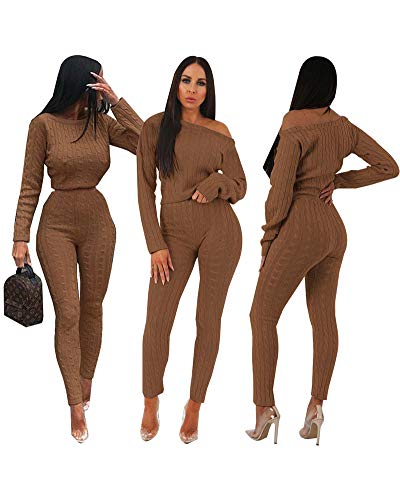 Women Casual 2 Piece Outfits Sweaters Tops Skinny Pants Sets Jumpsuits Coffee S