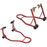 Safstar Motorcycle Sport Bike Front and Rear Combo Wheel Lift Stands Fork and Swingarm Stands Paddock Stands for Auto Bike Shop, Red