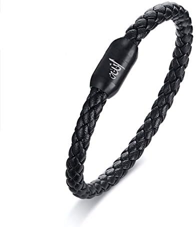 DEO JEWELRYUnisex Black Handmade Genuine Braided Leather Rope Wristbands Stainless Steel Magnetic Clasp Bracelet (Black-Allah)