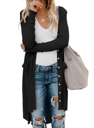 Fisoew Women's Long Sleeve Button Down Knee Length Knit Long Cardigan with Pockets
