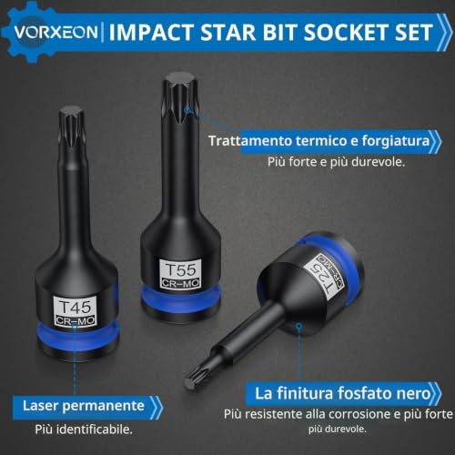 VORXEON 10 Piece Torx Impact Socket Set with 1/2" Drive in Steel 42CRMO (T25-T80), Star Hexagonal Socket Set with Case for Pneumatic, Electric and Dynamometer Keys