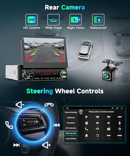 Podofo DAB+ 1 DIN Bluetooth Car Radio with CarPlay & Android Car Wireless with Motorized Retractable Screen 7 Inch Touchscreen, Mirror Link FM USB Type-C AUX Microphone Backup Camera