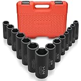Neiko 02476A 1/2" Drive Deep Impact Socket Set, 14 Piece | 6 Point Standard SAE Sizes (3/8-Inch to 1-1/14") | Cr-V Steel
