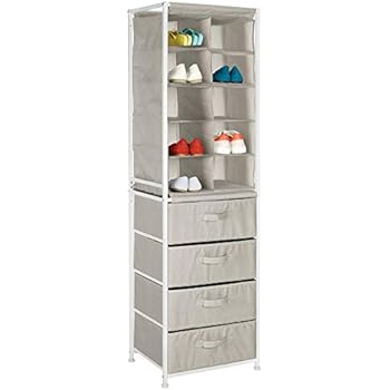 mDesign Soft Fabric Shoe Tower & 4 Drawers Organizer Combination Unit for Bedroom, Hallway, Entryway, Closets - Sturdy Steel Frame, Easy Pull Fabric Bins with Handles - Textured Print - Linen/Tan