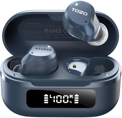 TOZO NC9 Hybrid Active Noise Cancelling Wireless Earbuds, 60H, LED Display | 6 Mic ENC Clear Calls, Deep Bass Sound, IPX8, in Ear Bluetooth 5.3 Headphones,32 EQs via APP, Comfort Fit Ear Buds, Blue