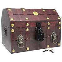 Well Pack Box Treasure Chest Pirate 13x 9X 9 Lock Skeleton Keys Doubloon Accents in Antique Cherry Stain (Large)