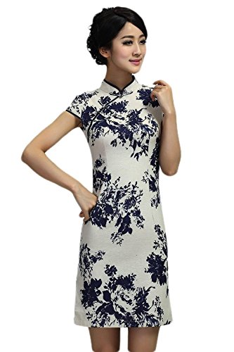 AvaCostume Women's Chinese Blue and White Qipao Dress Brocade Gown Hanfu