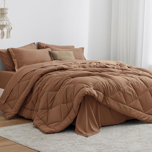 Love's cabin King Size Comforter Set Mocha Mousse, 7 Pieces King Bed in a Bag, All Season Bedding Sets with 1 Comforter, 1 Flat Sheet, 1 Fitted Sheet, 2 Pillowcase and 2 Pillow Sham - Used condition - US$38.18
