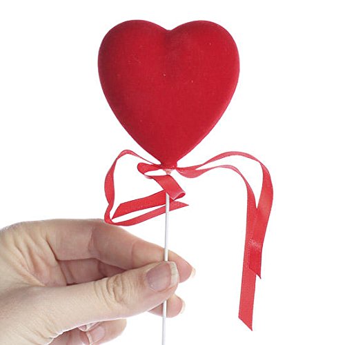 Group of 12 Festive Red Flocked Heart Picks with Matching Organza Ribbon Accents for Valentines, Birthdays and Special Occasions