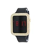 Techno Pave Iced Out Lab Simulated Diamond Square Gold Plated Digital Touch Screen Sports Watch with Black Silicone Band