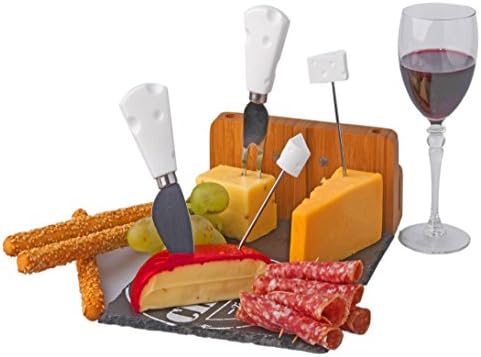 Bamboo Cheese Board with Slate Base including 4 piece Knife Set for Presenting and Enjoying Cheeses, Crackers, Choice Meats, Fruit and Wine. Perfect Gift for Creating Special Memories with Family and
