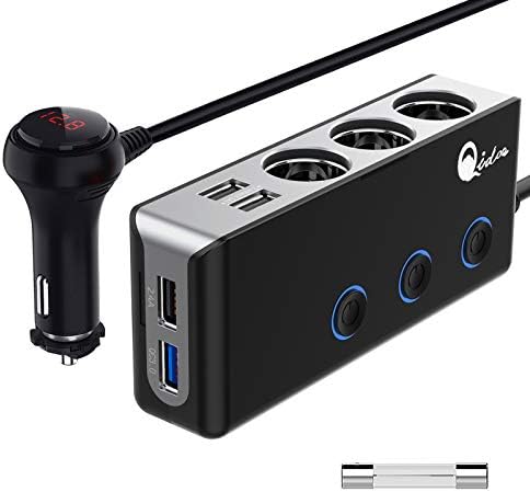 [Upgraded Version] Quick Charge 3.0 Cigarette Lighter Splitter, Qidoe 12V/24V 3-Socket 120W DC Power Car Adapter with LED Voltmeter Main Switch, 8.5A 4 USB Fast Outlets, Three Independent ON/Off