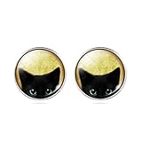 Jiayiqi Lovable Black Cat Earrings Popular Glass Gemstone Stud Earrings for Women Accessory