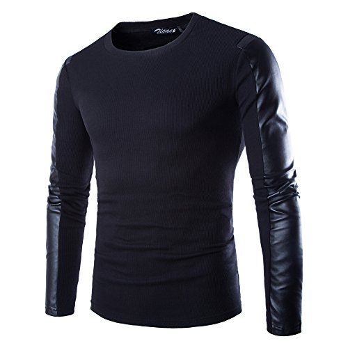 Zicac men s pu leather patchwork t-shirt long sleeve pullover (m/…