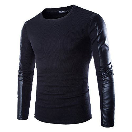 Zicac Men's Pu Leather Patchwork T-shirt Long Sleeve Pullover (M/Asia Tag XL, Black)