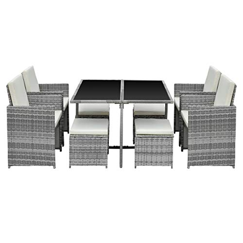 Ribelli Gartenmöbel Set 9-Teilig, Lounge Balkonmöbel aus Polyrattan, Wetterfest Sitzgruppe, Sitzgarnitur mit Sofa, Esstisch, Outdoor Kissen, Hocker, für Rasen, Terrasse, Garten, Grau/Cream – Bild 3
