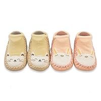 Baby Boys Girls Slippers 2 Pack Toddler Cartoon Cute Anti Slip Socks Skid Grip Floor Socks Cotton Prewalker (6-12 Months, Yellow)