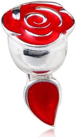 Hoobeads Belle Enchanted Rose with Red Enamel 925 Sterling Silver Beads Charm Fits European Style Bracelets